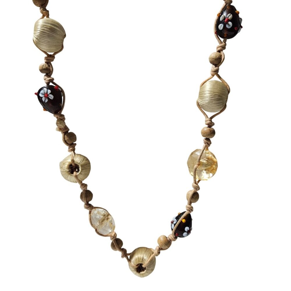 Handmade Boho Macrame Beaded Necklace Painted Floral Glass Acrylic Beads Jewelry